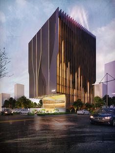 an artist's rendering of the exterior of a building with gold foiling on it