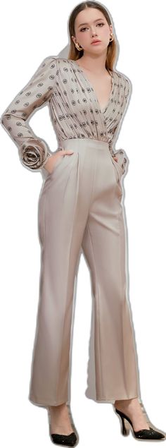 Elegant Beige Party Pants, Elegant Beige Pants For Party, Elegant Wide Leg Jumpsuits And Rompers For Formal Occasions, Elegant Wide Leg Jumpsuits And Rompers For Formal Events, Elegant Evening Pantsuit With Ankle-length Pants, Elegant Beige Silk Pants, Elegant Silk Pantsuit With Straight Pants, Chic Beige Evening Jumpsuits And Rompers, Elegant Satin Jumpsuit Or Romper In Solid Color