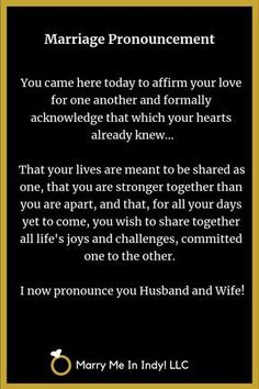 marriage announcement card with the words marriage pronouncement on black and gold