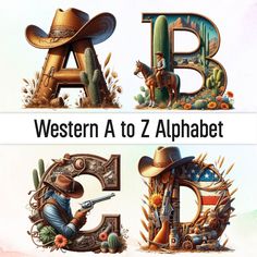 the letters are made up of different types of animals and people in western style clothing