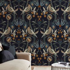 a living room scene with focus on the wallpaper