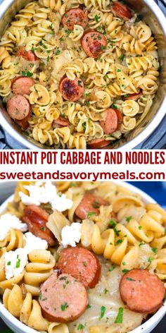 two pictures with different types of pasta and sausages in the same pot, one is cooked