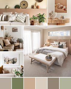 a collage of photos with different furniture and decor in neutral colors, including a bed