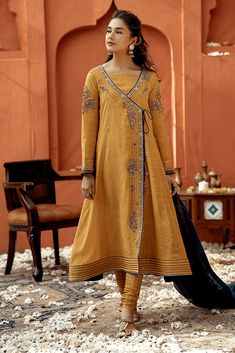 Pakistani Angrakha Style Frock in Ochre Yellow New Festive Collection, Angrakha Frock Casual, Angrakha Style Frock Pakistani, Frock With Churidar Pajama, Angrakha Style Kurti Pakistani, Angrakha Frock Design, Angrakha Pakistani, Angarkha Kurti Pattern, Angrakha Style Shirt