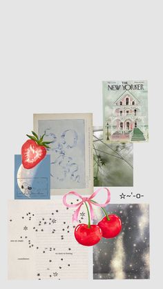 an assortment of postcards with designs and artwork on them, including a strawberry in a vase