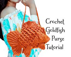 a woman wearing an orange crochet purse with the words crochet goldfish purse