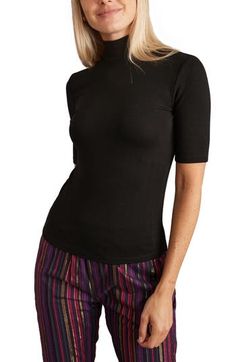 Soft ribbing lends a shapely fit to this sophisticated mock-neck top that's framed by abbreviated sleeves. 22 1/2" length (size Medium) 95% lyocell, 5% spandex Machine wash, tumble dry Imported Black High Neck Top With Ribbed Neckline, Black Funnel Neck Top In Elastane, Fitted Funnel Neck Top, Fitted Turtleneck T-shirt For Spring, Stretch High Neck Top With Ribbed Neckline, Fitted Black Mock Neck Top In Elastane, Fitted Funnel Neck Top For Work, Spring Fitted Mock Neck Top With Ribbed Neckline, Black Fitted Top With Funnel Neck