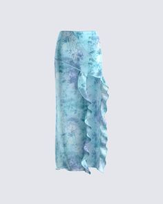 Give off an effortlessly elegant vibe with this mint floral print skirt 🌟 Crafted from printed mesh, and complete with a high slit, and cascading ruffles - this maxi skirt is the perfect pop of color to elevate any look 😍 The print is randomly placed so each garment will be uniquely different! ✨ Skirt Floral, Colorful Maxi Skirt, Floral Long Skirt, Mermaid Skirt Aesthetic, Mermaid Core Skirt, Flowy Floral Beach Skirt, Floral Skirts, Blue Water Skirt, Floral Print Beach Skirt