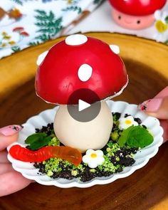 a person holding a plate with a mushroom on it and some vegetables in the middle