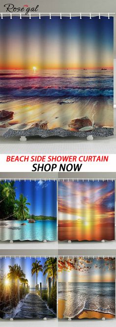 the beach shower curtain is shown with multiple pictures and text that reads, beach side shower curtain