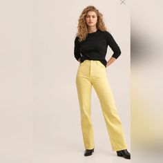 100% Cotton. Denim Style Cotton Fabric. Straight Design. Long Design. High Waist. Loops. Five Pockets. Button Up. 100% Cotton Size 14 Trendy Yellow Wide Leg Jeans, Chic Button-up Jeans For Everyday, Yellow Wide Leg Jeans For Fall, Yellow High Waist Cotton Jeans, Yellow Jeans For Spring, Yellow Denim Bottoms For Fall, High Waist Yellow Cotton Jeans, Trendy Button-up Cotton Jeans, High Rise Yellow Cotton Jeans