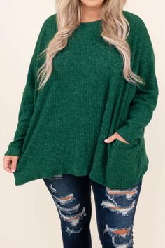 Hunter Green Round Neck Long Sleeves Pocket Knit Top Green Long Sleeve Knit Top For Fall, Green Knit Sweater Solid Color, Green Knit Top For Fall, Green Soft Knit Top For Fall, Green Textured Knit Long Sleeve Top, Green Knitted Top For Fall, Green Knitted Fall Tops, Green Knit Top For Winter, Winter Green Knit Top