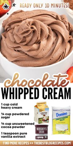 chocolate whipped cream in a white bowl with text overlay