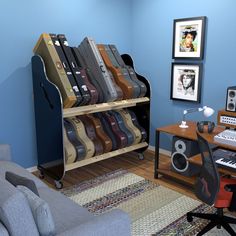 a living room filled with furniture and lots of musical instruments on shelves next to a computer desk