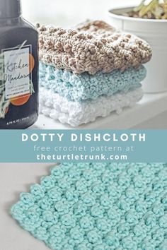 Pinterest pin for the Dotty Dishcloth crochet pattern by The Turtle Trunk. Pin shows 2 photos. Photo 1 shows a stack of 3 crochet dishcloths sitting on a window sill. Photo 2 shows a closeup shot of a crochet dishcloth. Crochet Washcloth Free Pattern, Picot Crochet, Crochet Washcloth Free