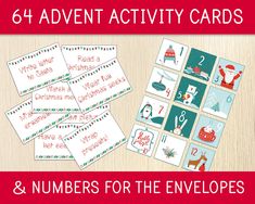 christmas cards and numbers for the envelopes with santa's helpers on them