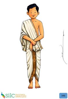 a drawing of a young man wearing a white sari and standing with his arms crossed