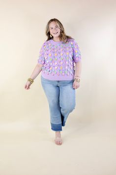 Indulge in the festive spirit with our 'Eggcellent Style' Queen of Sparkles sweater. Showcasing delightful short sleeves and a lively display of colorful Easter eggs, this sweater brings joy to any occasion. Available in sizes XS to 2XL, it's a playful addition to your spring wardrobe Models: Abby is wearing a size large. Size Suggestions and Measurements: XS: 0-2 | Bust: 19 inches across the front | Length: 18 inches Small: 4-6 | Bust: 21 inches across the front | Length: 19 inches Medium: 8-10 Egg Sweater, Queen Of Sparkles, Sparkle Sweater, Brings Joy, Coloring Easter Eggs, Spring Wardrobe, Easter Egg, Easter Eggs, Large Size