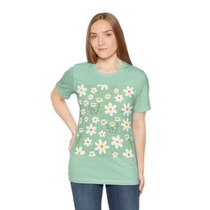 Mint Daisy Delight T - Shirt - T - Shirt - Kristine Celestine Green Casual T-shirt For Spring, Light Green Short Sleeve Cotton Top, Light Green Short Sleeve Tops For Spring, Light Green Cotton Short Sleeve Top, Spring Daisy Print Cotton Tops, Spring Cotton Daisy Print Tops, Cotton Daisy Print Tops For Spring, Summer Green Daisy Print Top, Green Daisy Print Summer Top