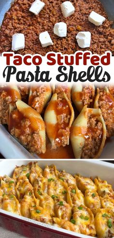 taco stuffed pasta shells in a casserole dish with sauce and cheese on top