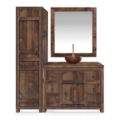 a bathroom vanity with a mirror and wooden cabinet next to it on a white background