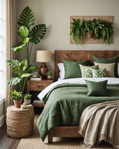 a bedroom with green bedding and plants on the nightstands, along with a large wooden headboard