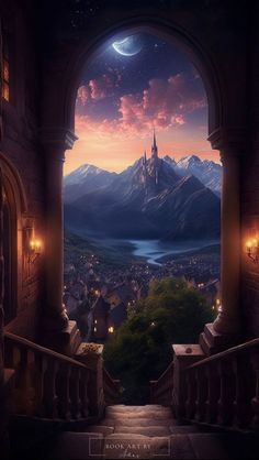 an open doorway leading to a castle with a view of the mountains and lake at night