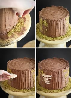 the process of decorating a cake with chocolate frosting