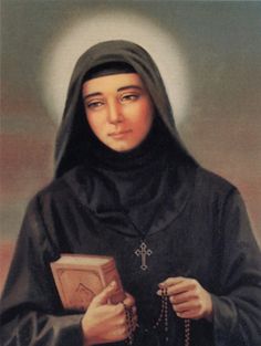 a painting of a nun holding a book and wearing a black robe with a cross on it