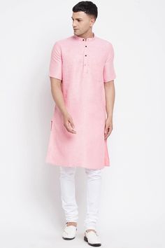 Buy Men's Pure Cotton Solid Long Kurta in Light Pink Casual Short Sleeve Kurta For Festive Occasions, Casual Pink Kurta For Summer, Casual Pink Summer Kurta, Casual Pink Kurta For Festive Season, Casual Pink Cotton Kurta, Light Pink Top, Long Kurta, Light Pink Tops, Cotton Kurta