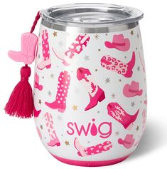 a pink and white cup with different types of shoes on the side, including one that says swig