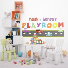 a child's playroom with toys on the floor