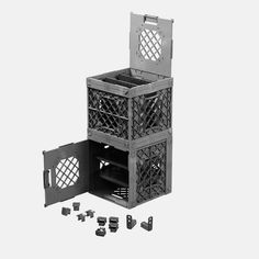 a black and white photo of some sort of caged box with screws in it