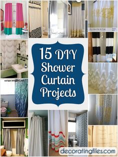 different shower curtain projects with the words 15 diy shower curtain projects in blue and white