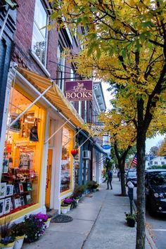 the sidewalk is lined with shops and parked cars