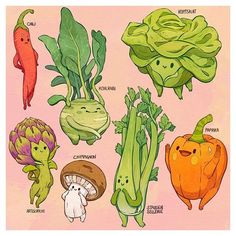 an image of cartoon vegetables on pink background