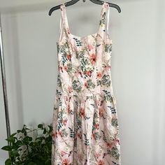 Perfect Spring/ Summer Dress. Lined, Size 2 Floral. Nwot Pink Cotton Midi Dress For Garden Party, Feminine Pink Cotton Midi Dress, Pink Feminine Cotton Midi Dress, Pink A-line Summer Midi Dress, Pink A-line Midi Dress For Summer, Pink A-line Midi Dress Summer Style, Pink Feminine Lined Midi Dress, Grey Sheath Dress, Brown Midi Dress