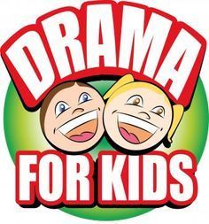 the logo for drama for kids shows two faces with mouths open and eyes wide open