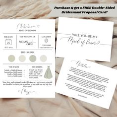 two wedding cards with the words, will you be my bridesmaid proposal card?