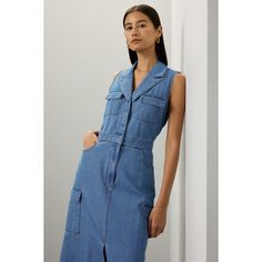 Blue Denim (100% Cotton). Casual dress. Collared neck. Sleeveless. Front button closure. 50.5" from shoulder to hemline. Imported. Sleeveless Denim Dress For Work, Spring Sleeveless Denim Dress For Work, Casual Sleeveless Denim Dress For Work, Sleeveless Denim Dress With Button Closure For Work, Sleeveless Denim Dress For Summer Workwear, Chic Sleeveless Denim Vest For Work, Sleeveless Cotton Denim Top For Work, Fitted Sleeveless Denim Top For Work, Summer Workwear Denim Vest With Button Closure