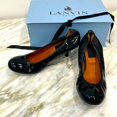 Lanvin Ballet Shoes With Heel Black 9 1/2 Brand New Lanvin Patent Leather Black Ballet Shoes With A Mini Heel, Never Been Worn From The Original Barneys Store. Super Cute And Comfy, Comes With Original Box! Black Ballet Shoes, Clear Pumps, Gold Strappy Heels, Denim Sandals, Lanvin Shoes, Closed Toe Heels, Ballerina Pumps, Black Ballet, Metallic Heels