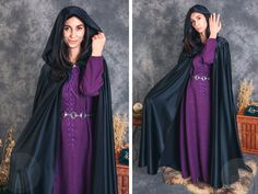 A basic, wide, unlined satin cloak is the perfect complement to any costume because of its magical, shiny, lightweight fabric. The cloak fastens at the front with a small hook in a fantasy style, and at the back the cloak has a very large hood to cover your head comfortably. The outer part of the cloak  is very soft and gentle to the touch. The cloak is easy to wash or clean, and raindrops dry on it quite quickly. The cloak is made of high quality 100% cotton satin (faux silk) and has no lining Cloak From Behind, Half Circle Cloak, Purple Cloak, Cloaks Hooded Medieval, Green Hooded Cloak, Soft And Gentle, Rain Drops, Cloak, Medieval Fantasy