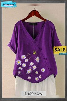 Violet Floral Floral-print Casual Cotton-blend Tops Shirts Tops, Violet, Floral Print, Floral Prints, Cotton Blend, Floral, Women's Top, T Shirt