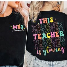 This Teacher Is Glowing Shirt, Hello Sumer Shirt, End Of School Shirt, Last Day OF School Shirt, Custom Teacher Shirt, Teacher Gift 👉 DISCLAIMER - Colors in listings may slightly vary depending on what device you are using - Prints may appear smaller depending on the shirt size ordered 👉 PRODUCT DETAILS: ★ GILDAN® 18000 Unisex Heavy Blend™ Crewneck Sweatshirt This well-loved sweatshirt is the perfect addition to any collection! The air-jet spun yarn and quarter-turned fabric helps eliminate cr Black Top With Text Print For Teaching, Black Text Print Top For Teaching, Multicolor Long Sleeve Shirt With Letter Print, Custom Print Black Top For Teacher Appreciation, Black Top With Custom Print For Teacher Appreciation, Black Custom Print Top For Teacher Appreciation, Gift Black Long Sleeve Shirt, Black Long Sleeve Shirt Gift, Last Day Of School Shirt