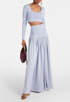 Zimmermann metallic jersey crop top and maxi skirt Crop Top And Maxi Skirt, Kate Moss Street Style, Organza Midi Skirt, Jersey Maxi Skirt, Jersey Crop Top, Metallic Midi Skirt, Blue Maxi Skirt, Maxi Skirt Set, Alexander Mcqueen Clothing