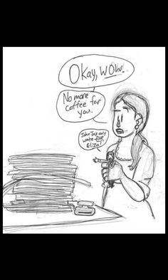 a drawing of a woman sitting at a desk with stacks of papers in front of her