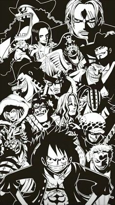 a bunch of cartoon characters in black and white