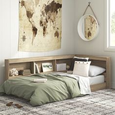 a bedroom with a map hanging on the wall and a bed in front of it