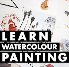 the words learn watercolour painting are overlaid with pictures of animals and trees