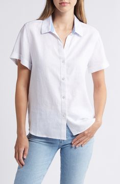 Crisp linen lets you keep your cool on a hot day in this cuffed-sleeve shirt printed with blue blooms on the back. Front button closure Spread collar Short sleeves 100% linen Machine wash, line dry Imported Cuffed Sleeve, Hot Day, Floral Short, Fabric Gifts, Keep Your Cool, Free Fabric, Anniversary Sale, Cuff Sleeves, Tommy Bahama